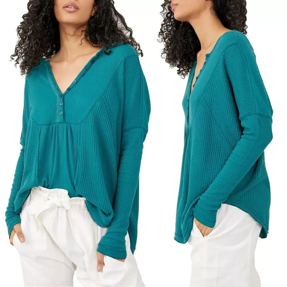 Free People Leo Henley Medium Oversized Evergreen Waffle Thermal Knit Top Size M